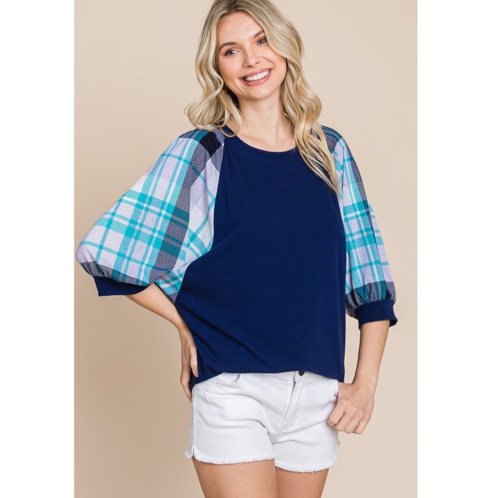 🌻 Emerald Navy Top with Plaid Teal and Light Blue Puff Sleeves - Picture 8 of 9